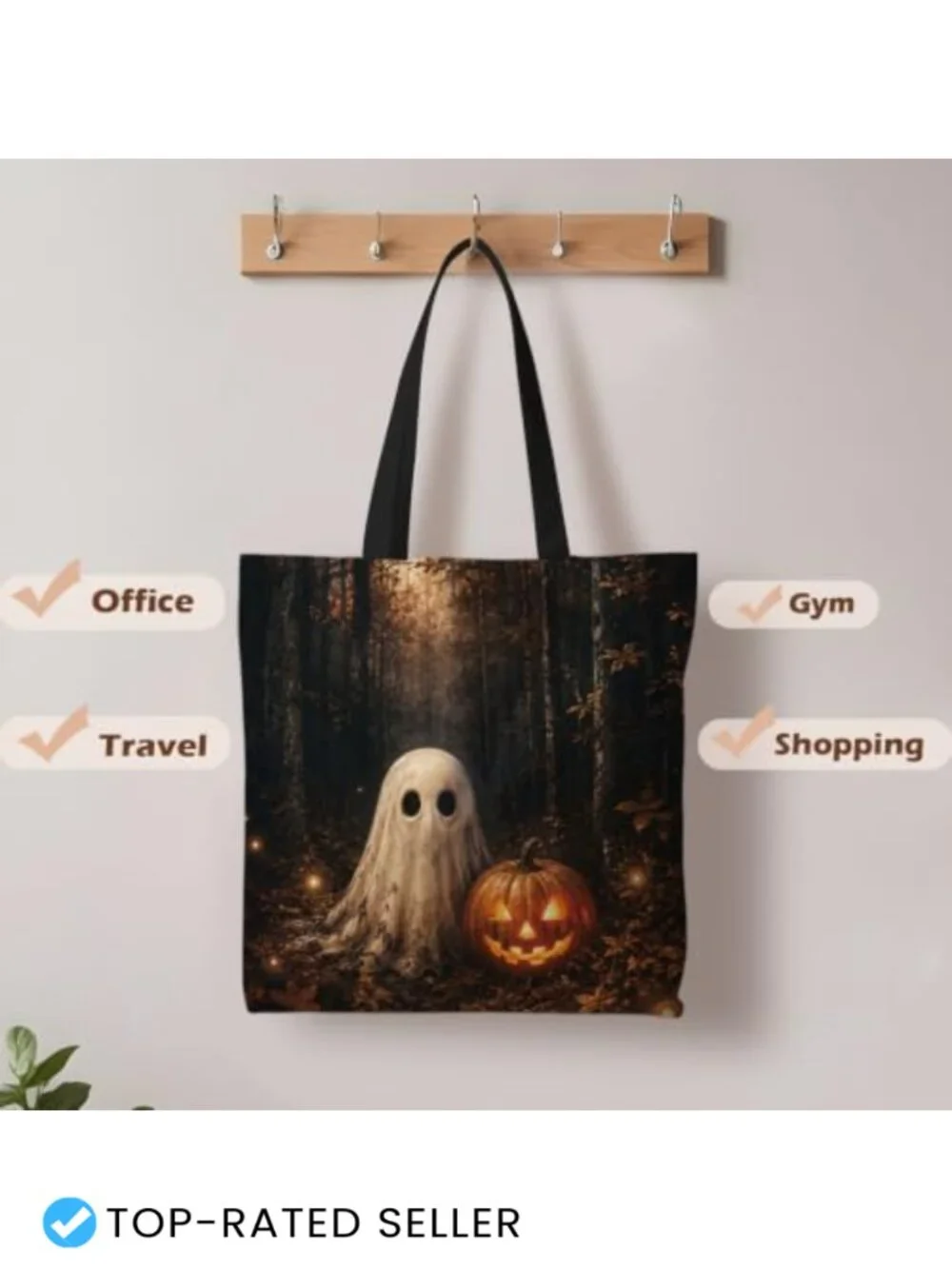 Halloween Ghost Tote Bag Women 15x15.4 Cotton Blend Foldable Shoulder Strap